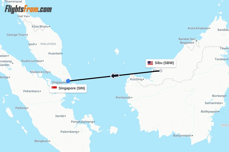 Flights from Sibu to Singapore route map