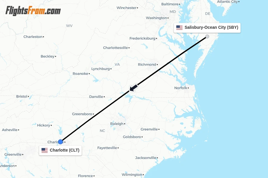 Flights from Salisbury-Ocean City to Charlotte route map