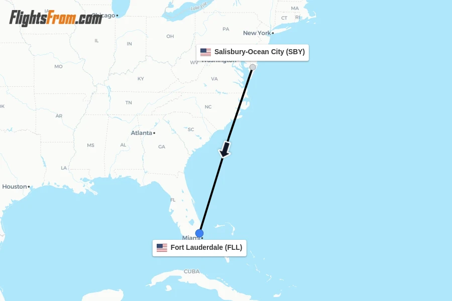Flights from Salisbury-Ocean City to Fort Lauderdale route map