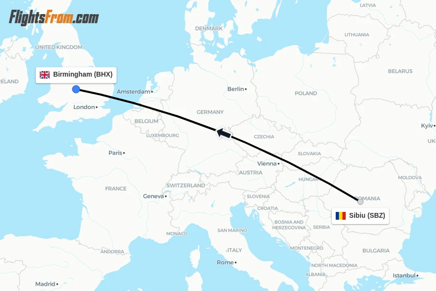 Flights from Sibiu to Birmingham route map