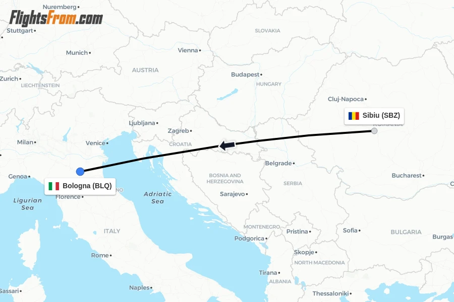 Flights from Sibiu to Bologna route map