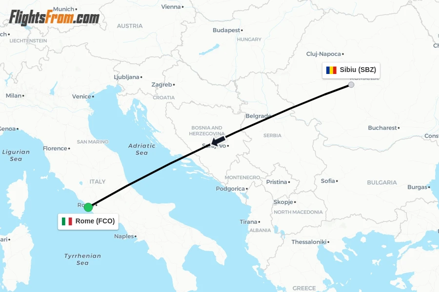 Flights from Sibiu to Rome route map