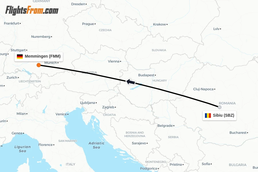 Flights from Sibiu to Memmingen route map