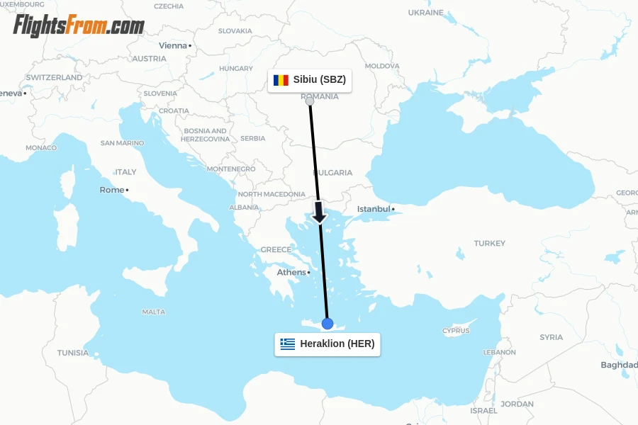 Flights from Sibiu to Heraklion route map