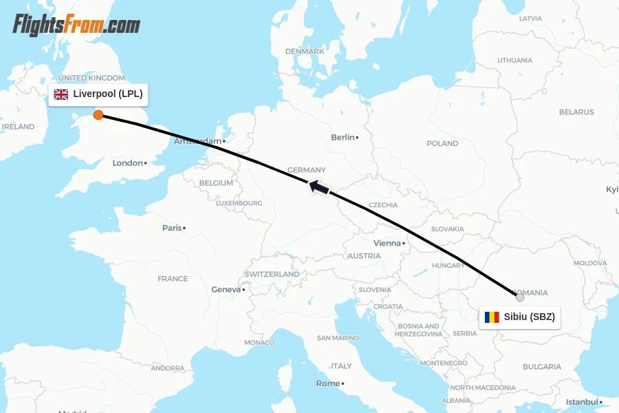 Flights from Sibiu to Liverpool route map