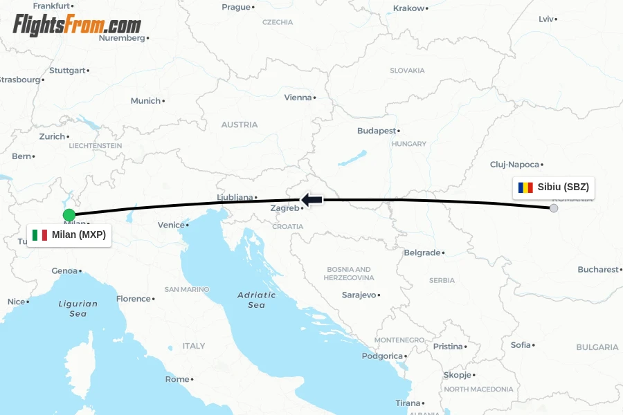 Flights from Sibiu to Milan route map