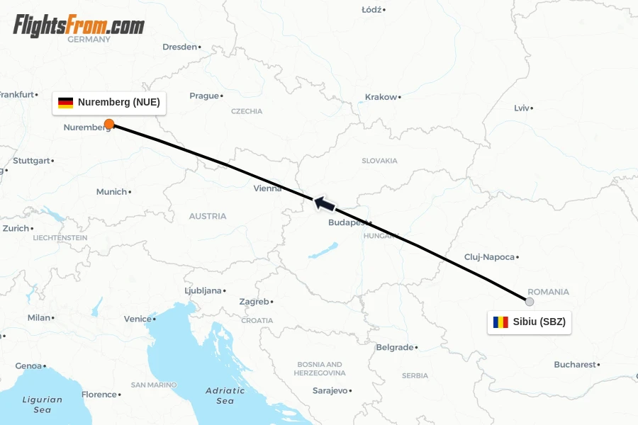 Flights from Sibiu to Nuremberg route map