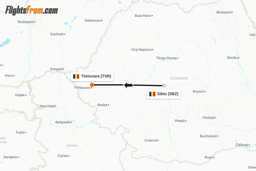Flights from Sibiu to Timisoara route map