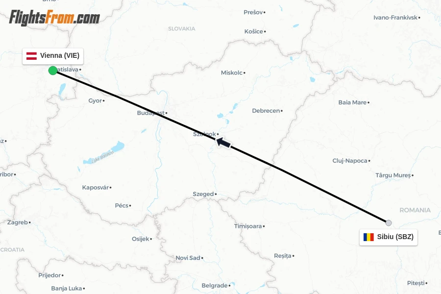 Flights from Sibiu to Vienna route map