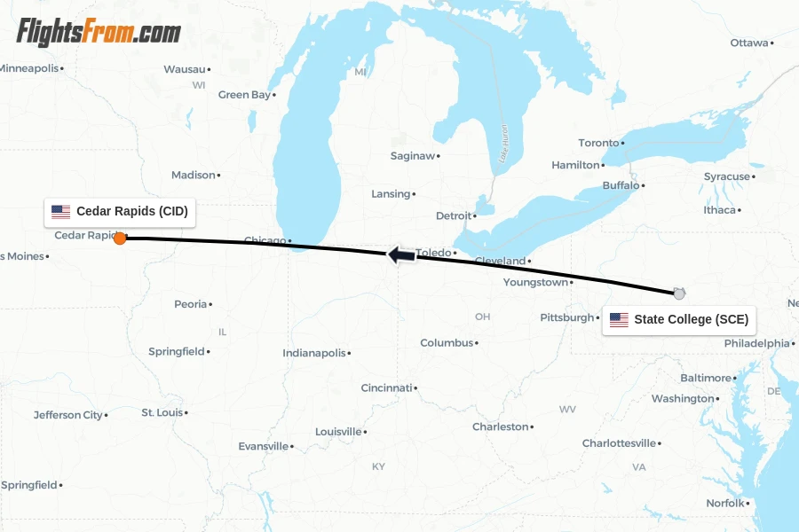 Flights from State College to Cedar Rapids route map