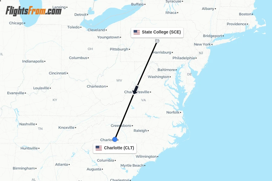 Flights from State College to Charlotte route map