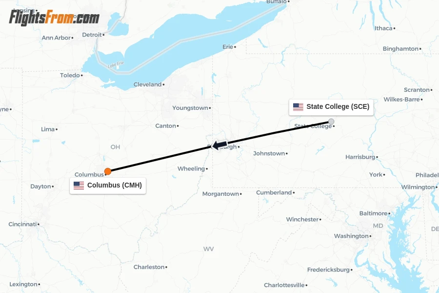 Flights from State College to Columbus route map
