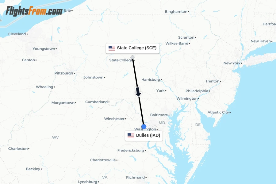 Flights from State College to Dulles route map