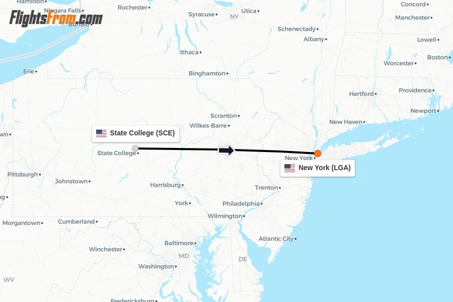 Flights from State College to New York route map