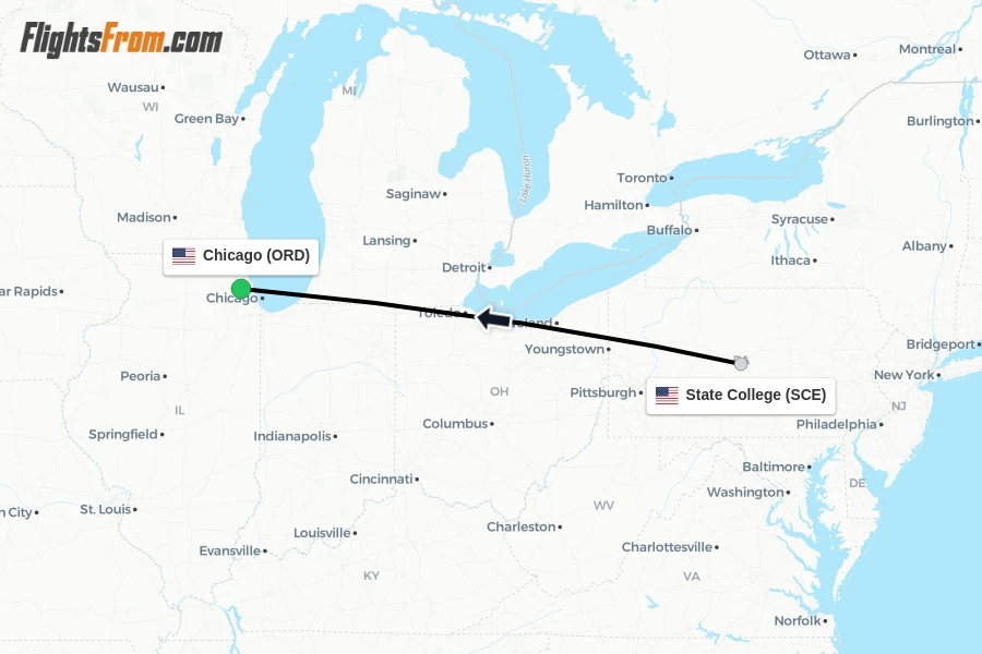 Flights from State College to Chicago route map