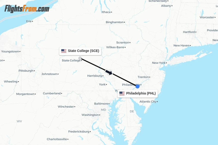Flights from State College to Philadelphia route map
