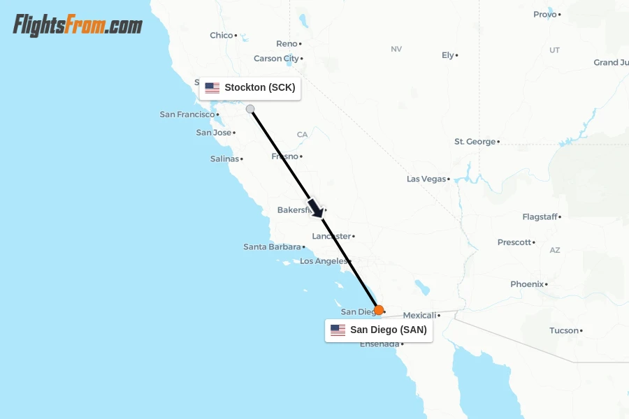 Flights from Stockton to San Diego route map