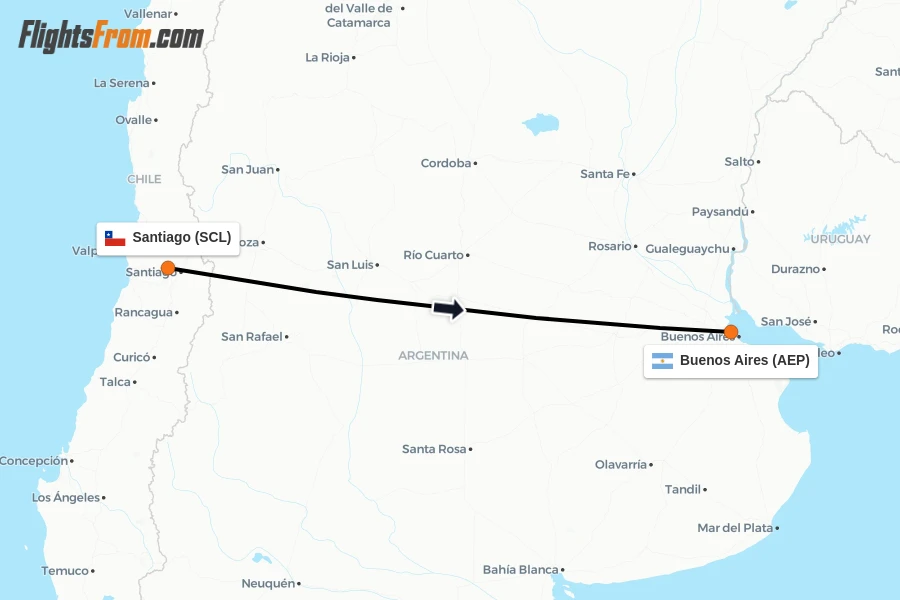 Flights from Santiago to Buenos Aires route map