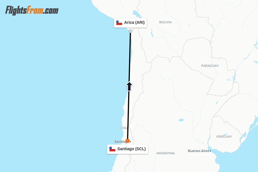 Flights from Santiago to Arica route map