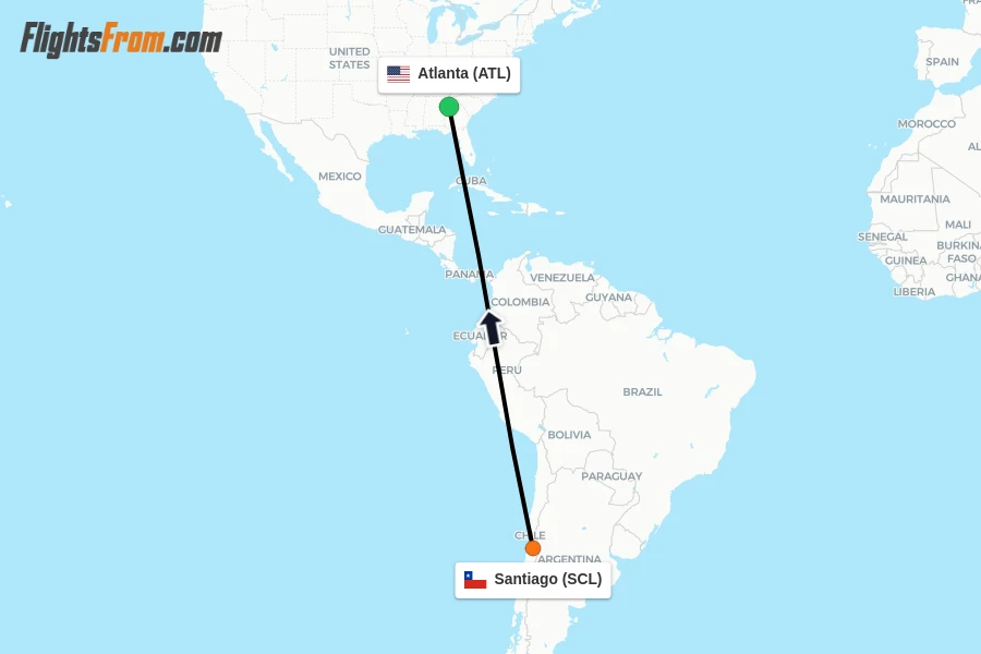 Flights from Santiago to Atlanta route map