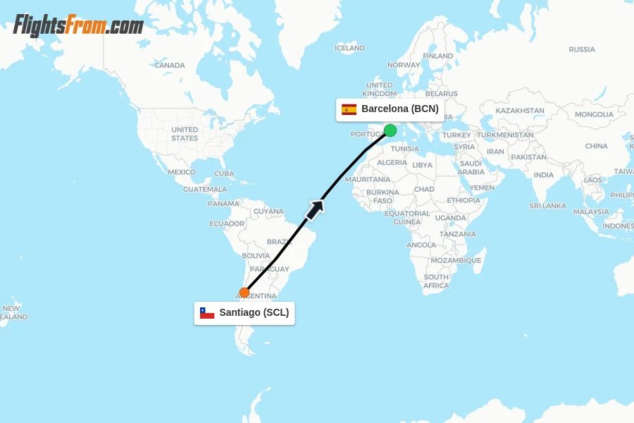 Flights from Santiago to Barcelona route map