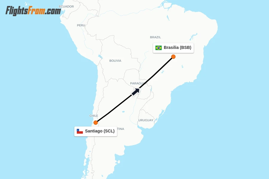 Flights from Santiago to Brasilia route map