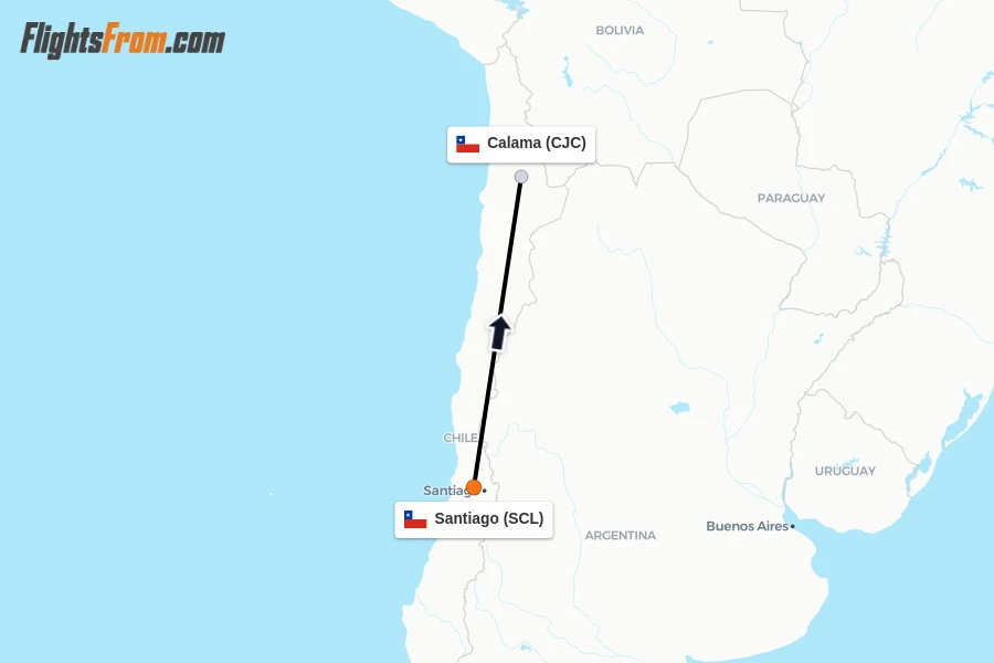 Flights from Santiago to Calama route map