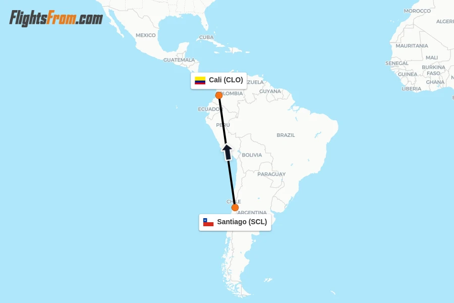 Flights from Santiago to Cali route map