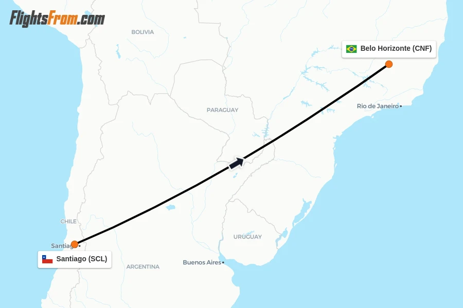 Flights from Santiago to Belo Horizonte route map