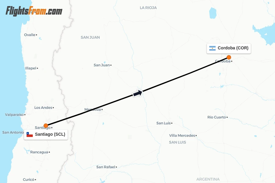 Flights from Santiago to Cordoba route map