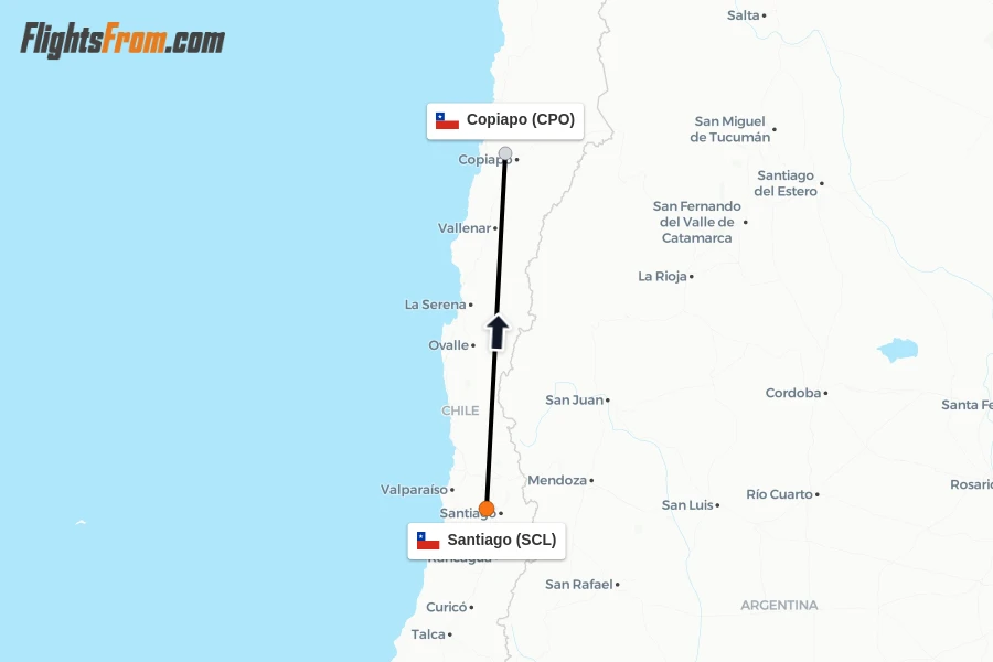 Flights from Santiago to Copiapo route map