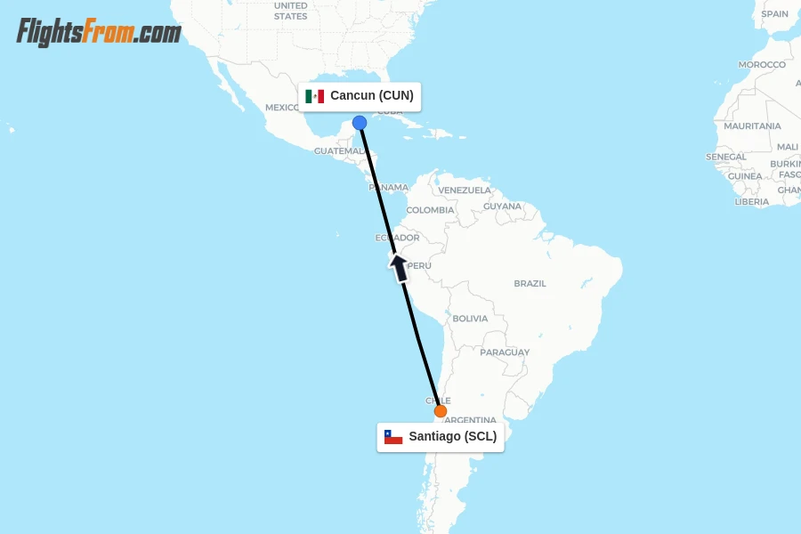 Flights from Santiago to Cancun route map