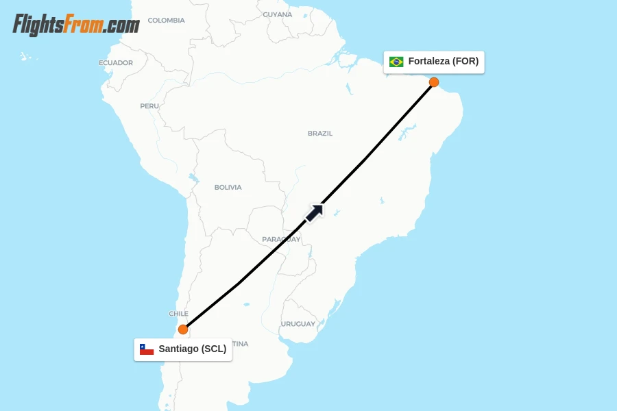 Flights from Santiago to Fortaleza route map