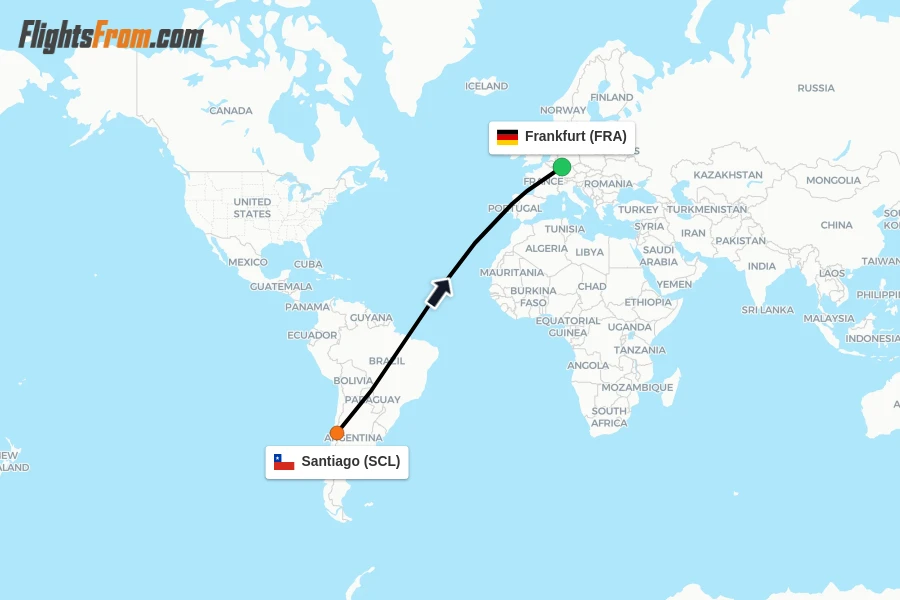 Flights from Santiago to Frankfurt route map