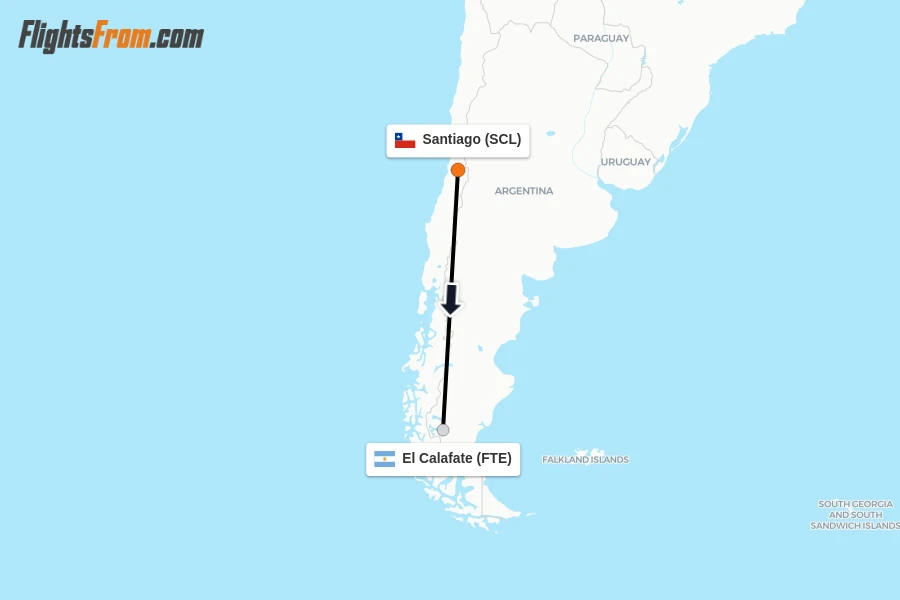 Flights from Santiago to El Calafate route map