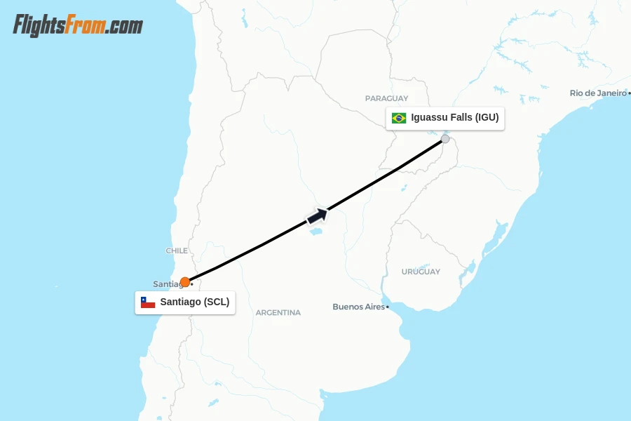 Flights from Santiago to Iguassu Falls route map