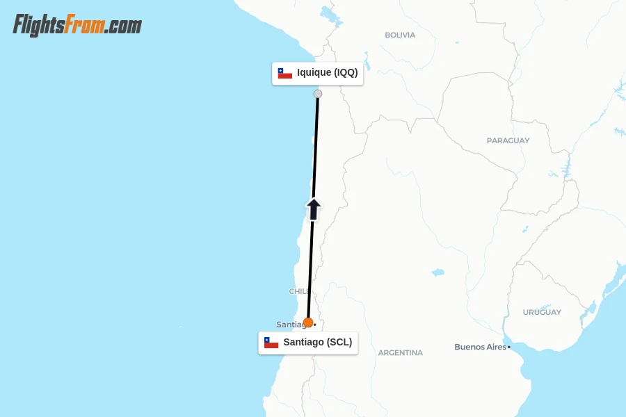 Flights from Santiago to Iquique route map
