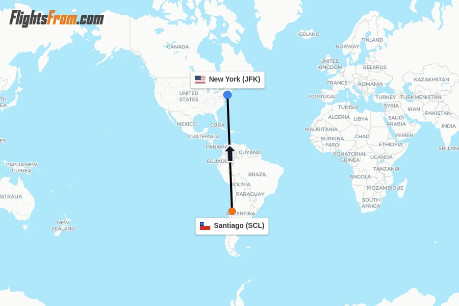 Flights from Santiago to New York route map