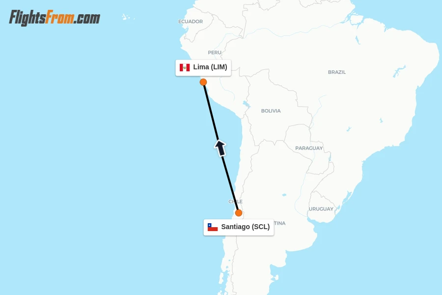 Flights from Santiago to Lima route map