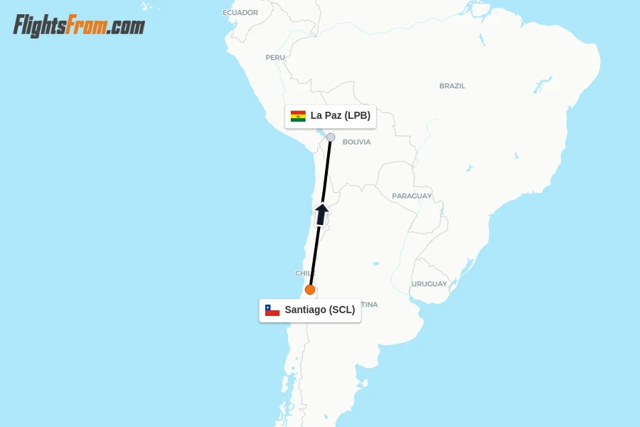 Flights from Santiago to La Paz route map