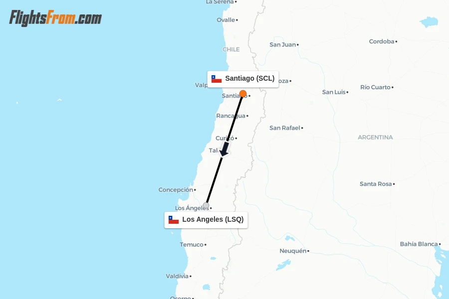 Flights from Santiago to Los Angeles route map
