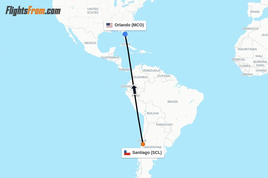 Flights from Santiago to Orlando route map