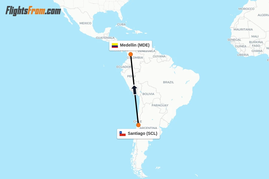 Flights from Santiago to Medellin route map