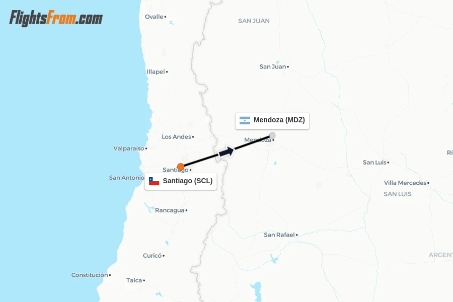 Flights from Santiago to Mendoza route map