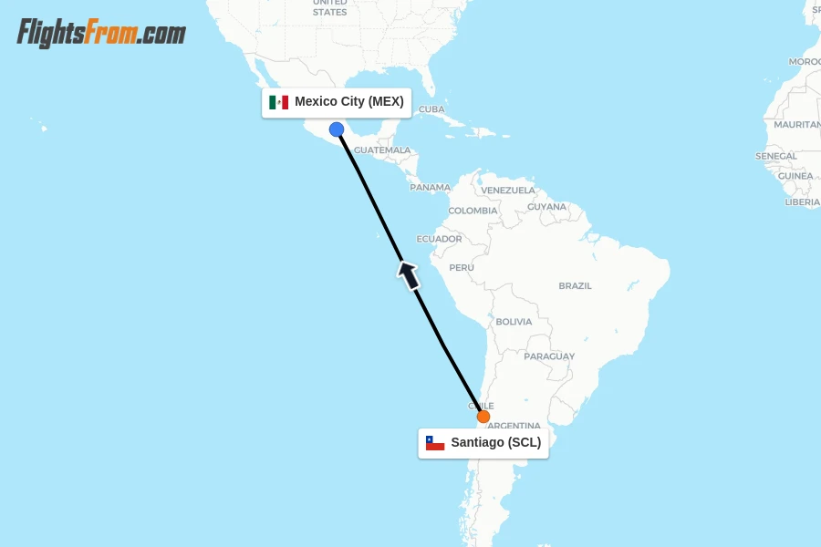 Flights from Santiago to Mexico City route map