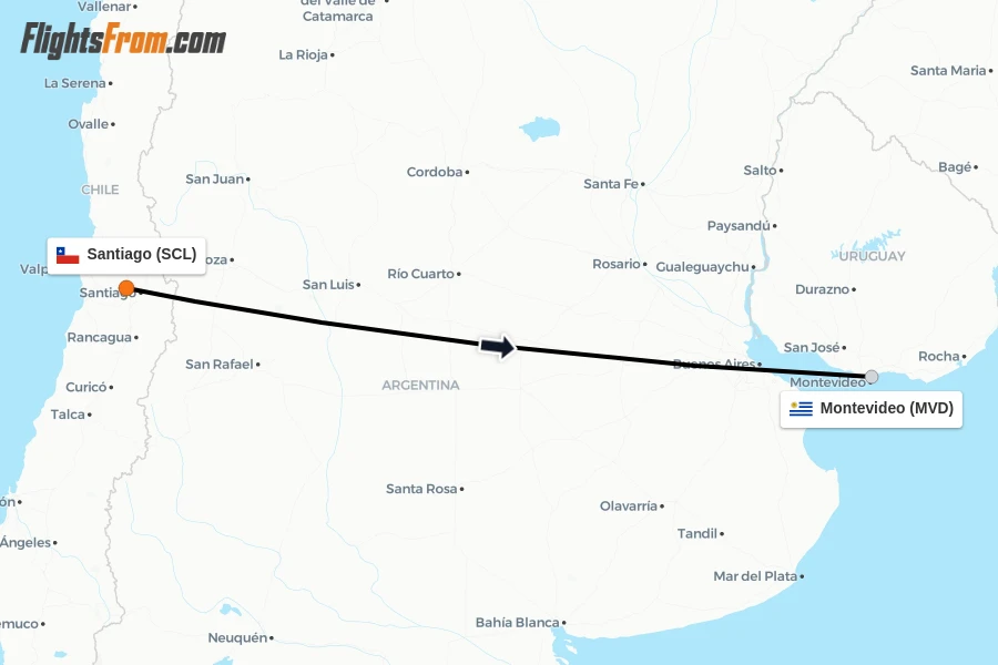 Flights from Santiago to Montevideo route map