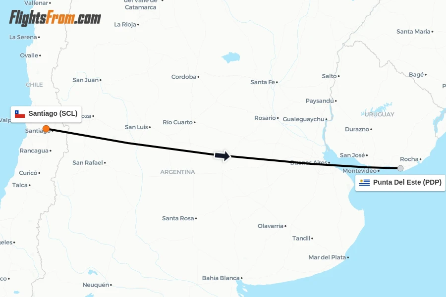 Flights from Santiago to Punta Del Este route map
