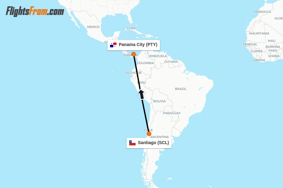 Flights from Santiago to Panama City route map