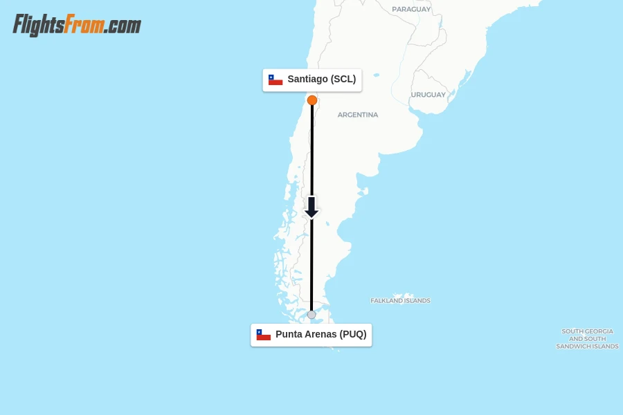 Flights from Santiago to Punta Arenas route map