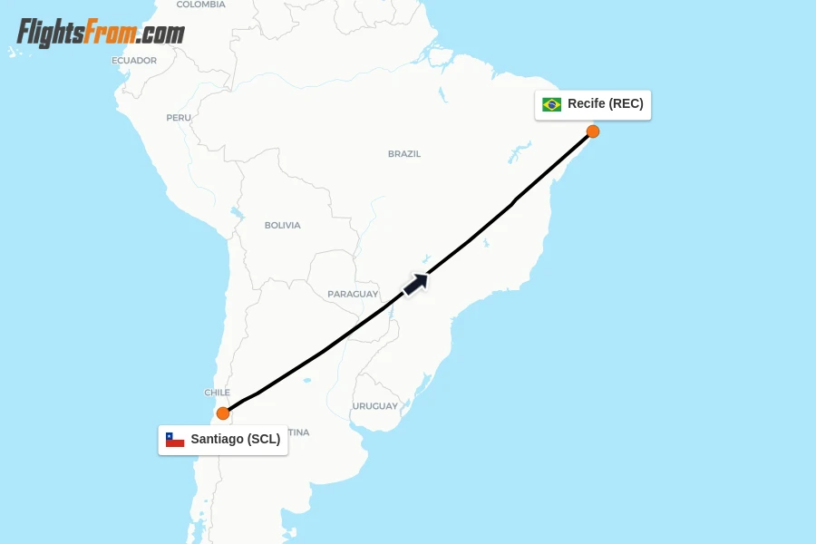 Flights from Santiago to Recife route map